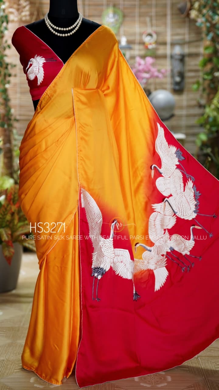 Parsi Gara Orange Gradient Satin Silk Saree with White Cranes