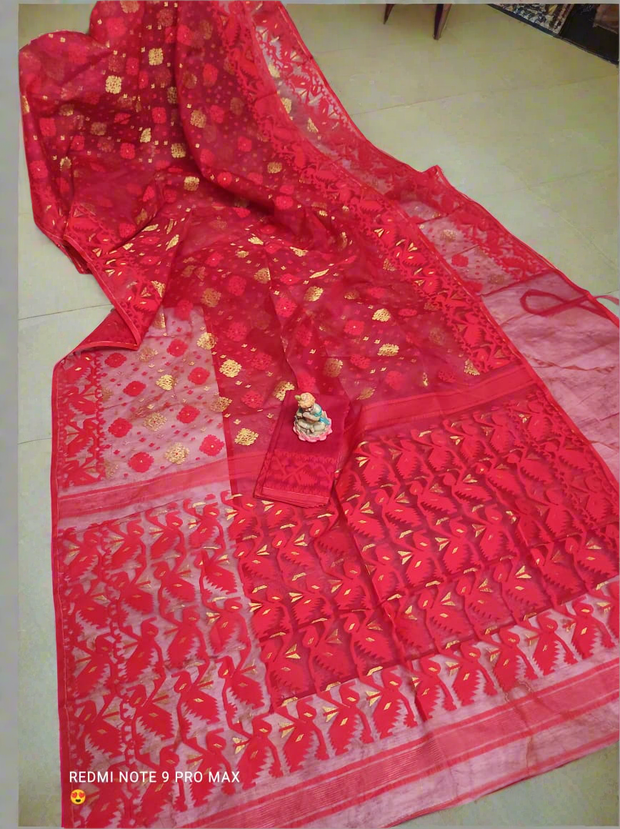 Red and Gold Dhakai Jamdani Saree by Putul's Fashion