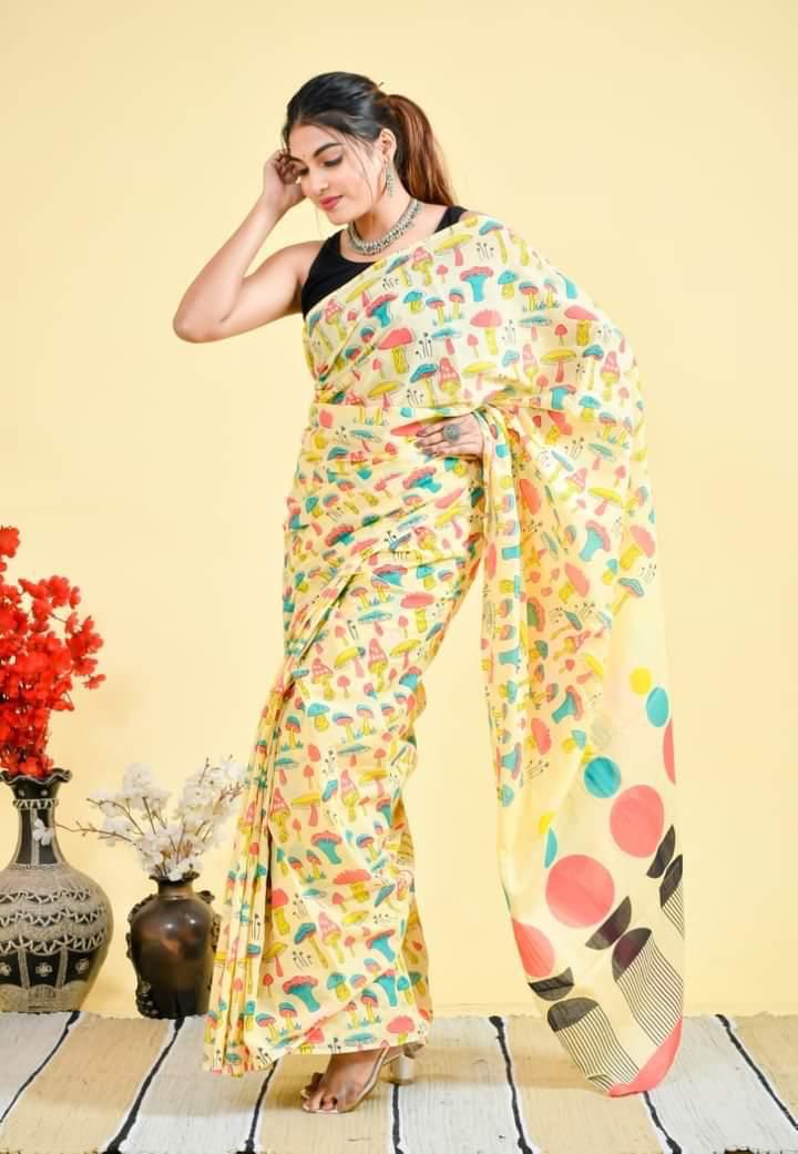 Quirky print linen saree - Mushroom