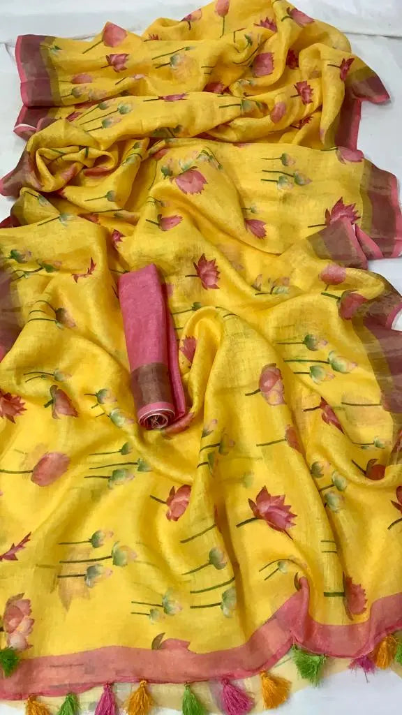 Linen saree digital print original quality Putul's fashion
