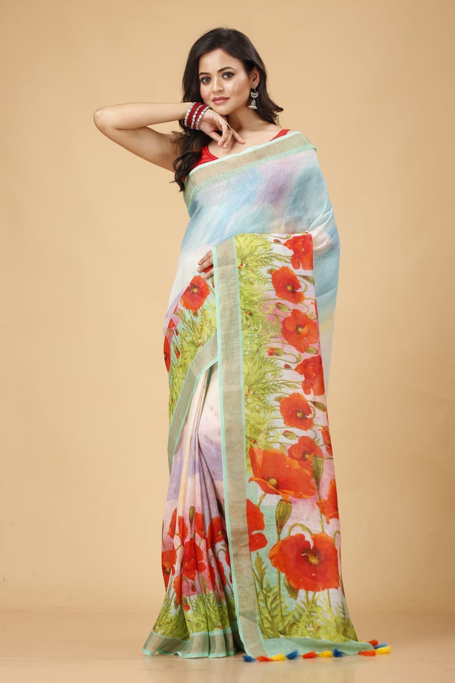 120 count digital print linen saree, skin friendly fabric