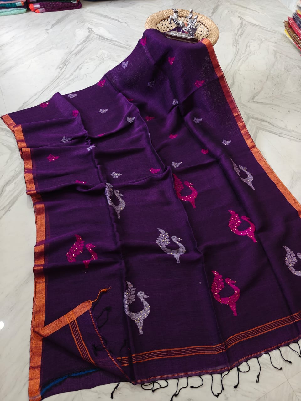 Linen jamdani saree peacock motif