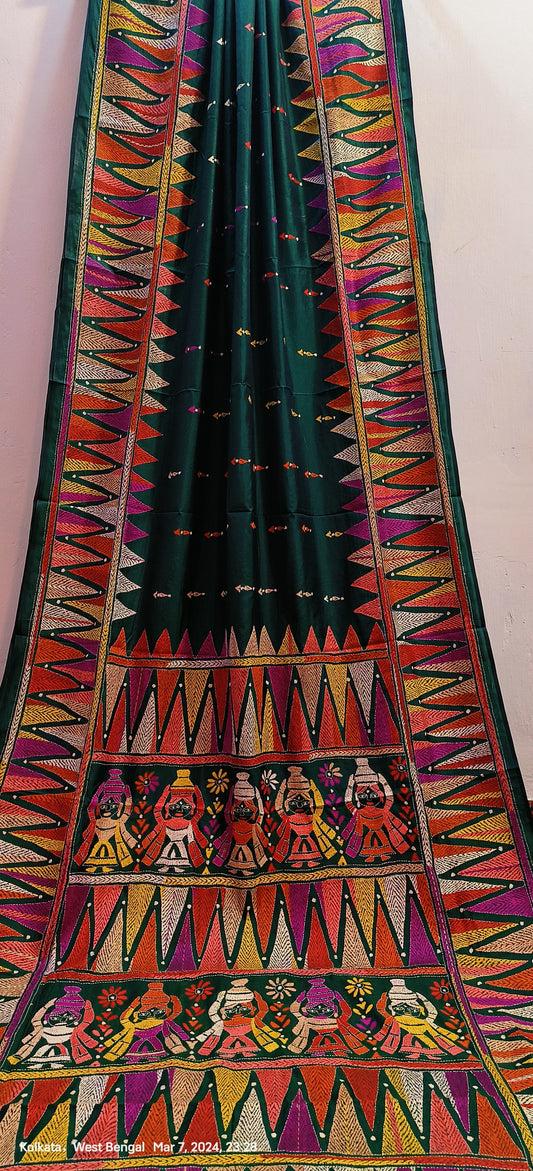 Bottle green kantha stitch on blended Bangalore silk