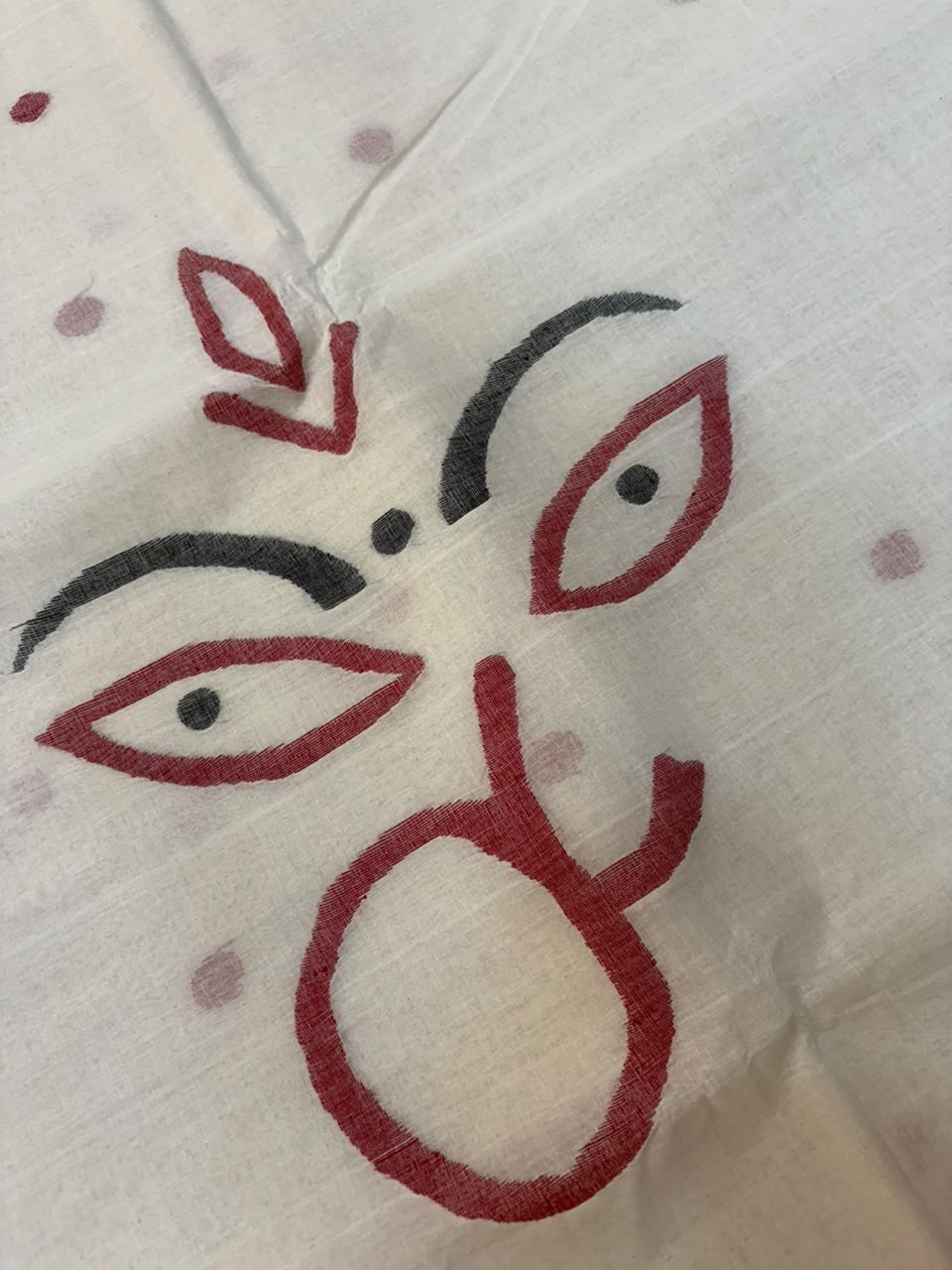 Puja special white red cotton tant jamdani saree needle work