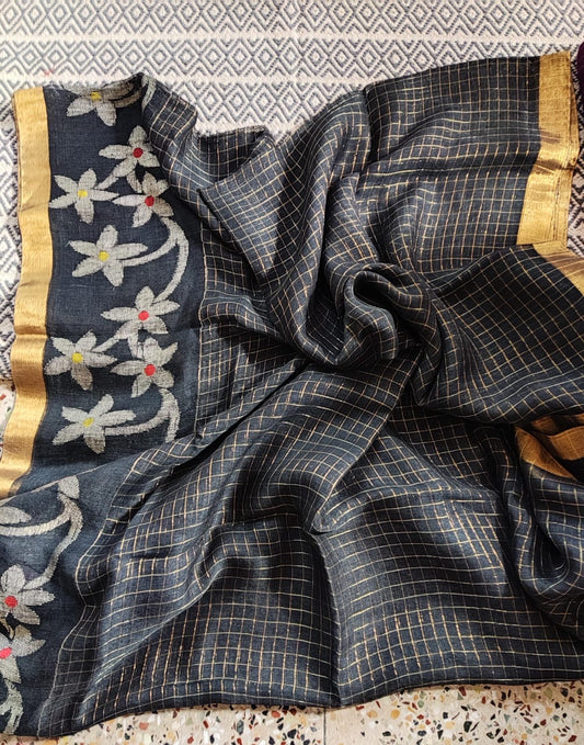 Linen Jamdani Saree flower design black colour