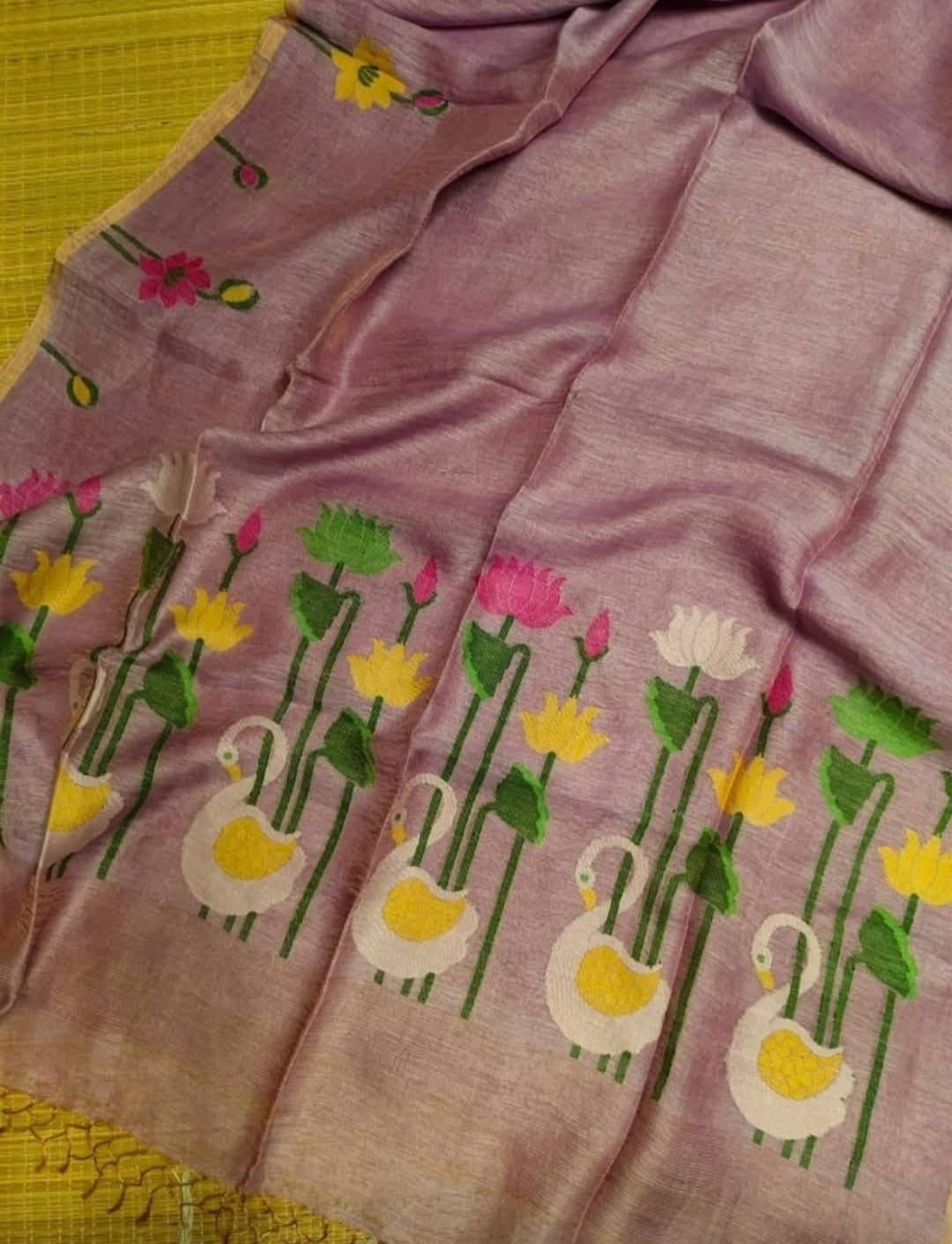 Silk linen jamdani saree lotus motif