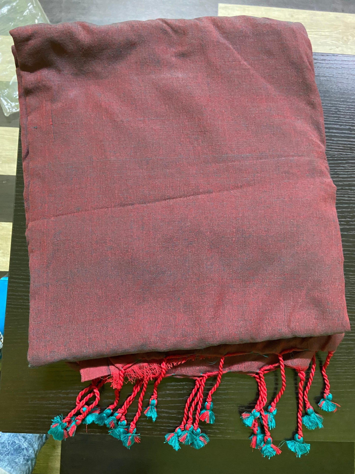 Self Chocolate red colour and green dual tone khadi cotton saree