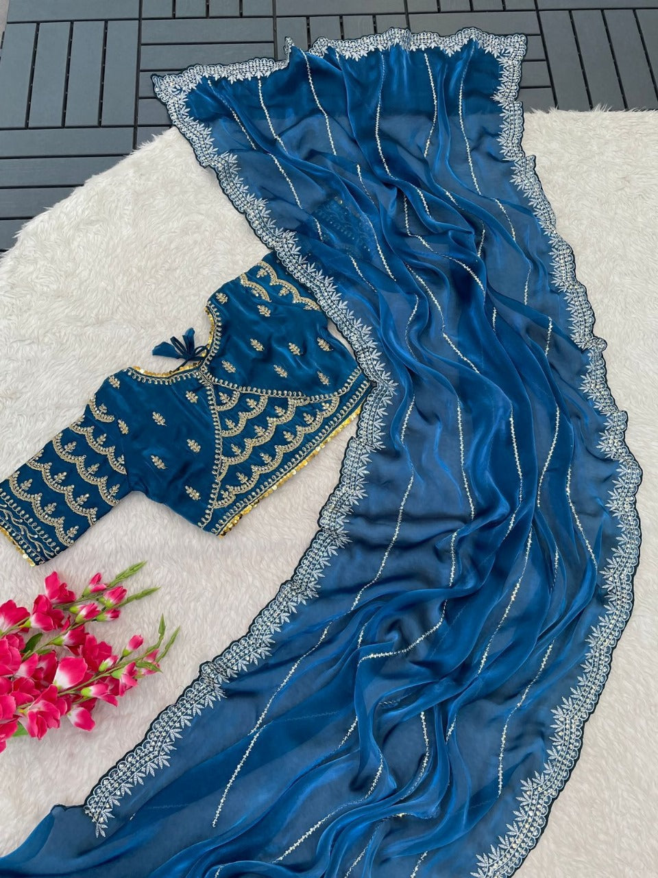 Jimmy Choo saree with stitched blouse of 38 inch- Zimmy Choo - Blue