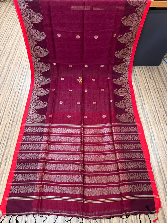 Wine coloured kolka Linen Jamdani saree