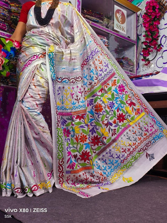 White  kantha stitch on blended Bangalore silk