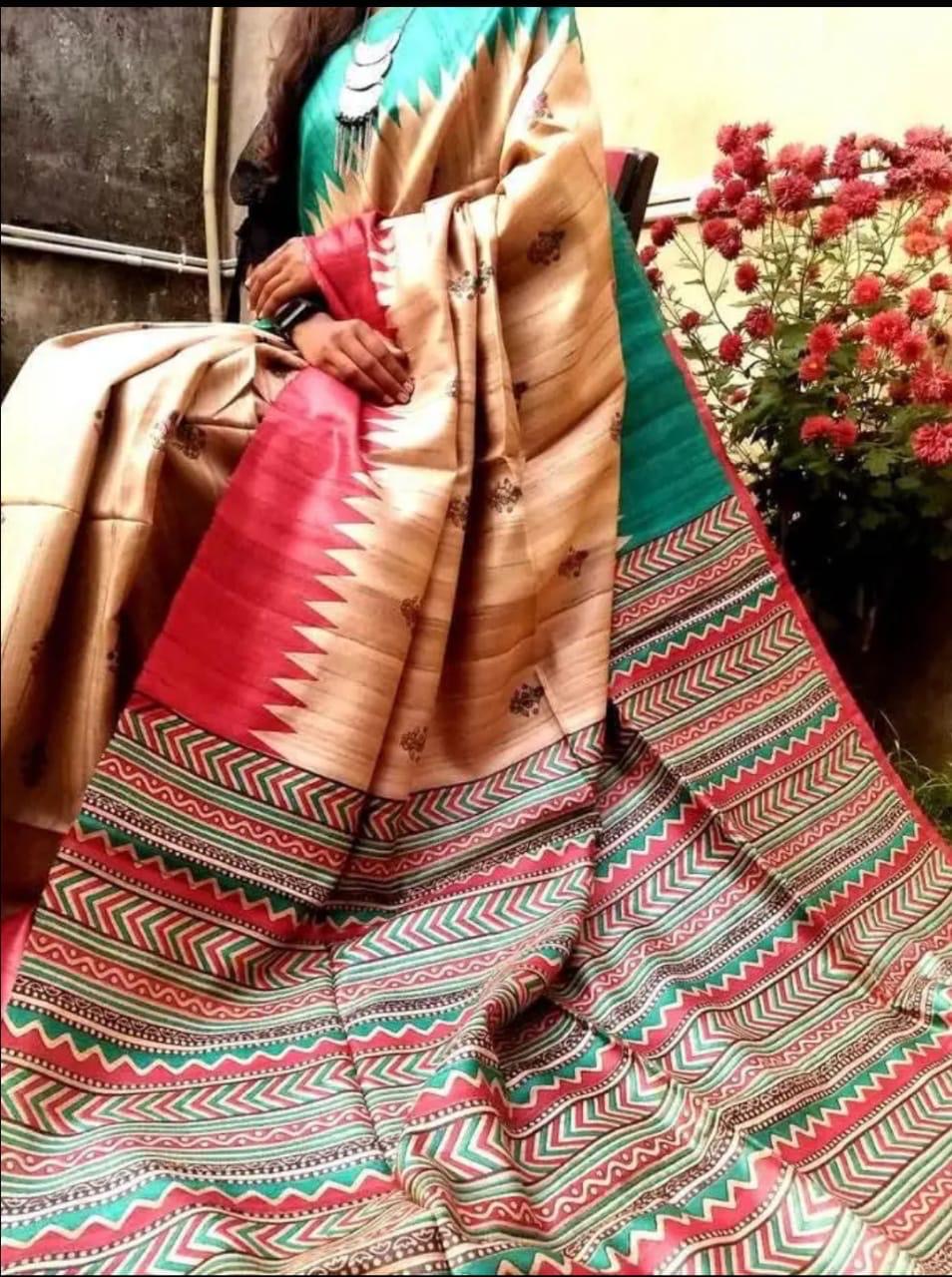 Temple border tussar gicha saree - Tussar saree