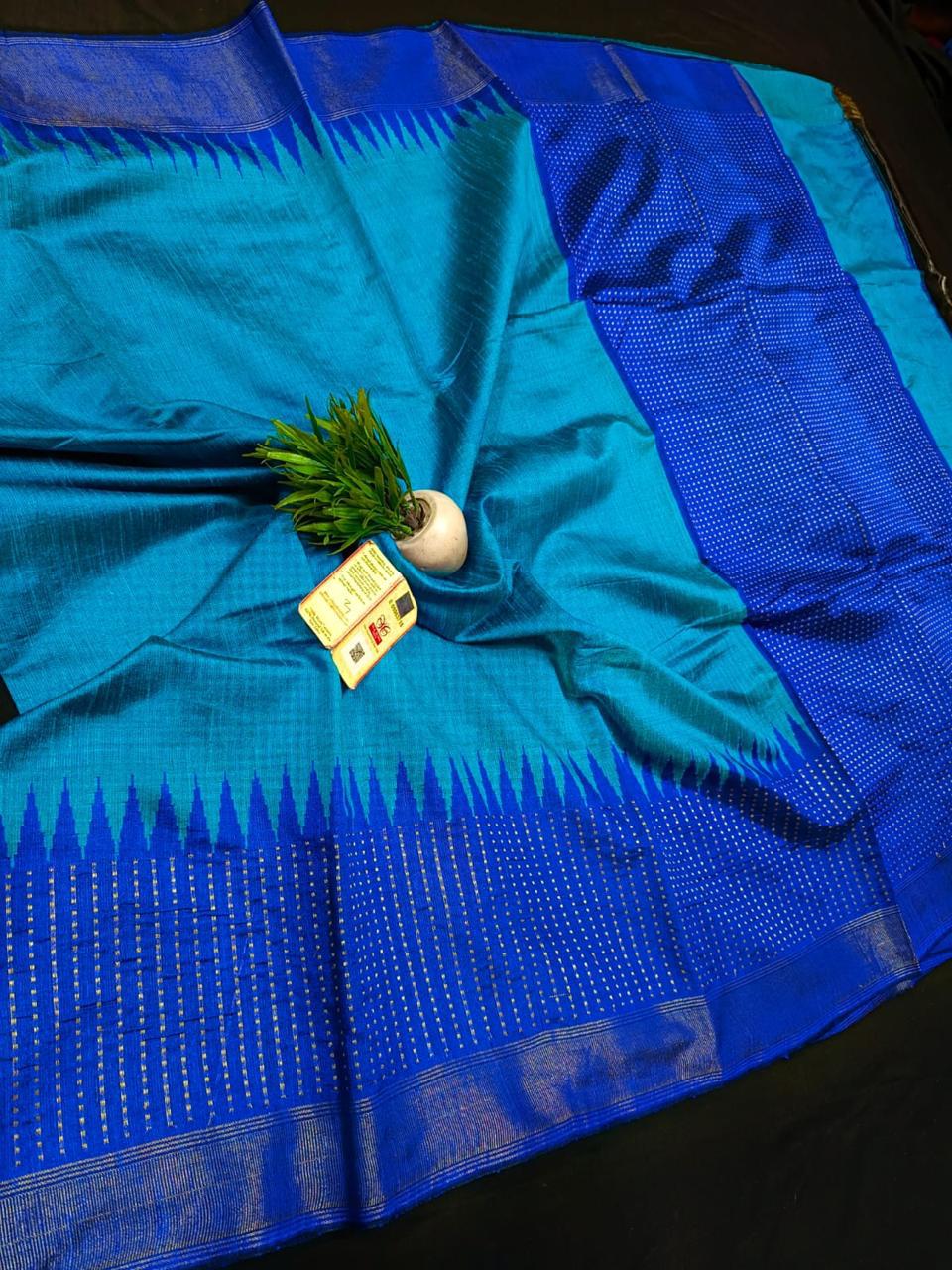 Chattishgarh raw silk saree with temple border - Blue - Raw silk