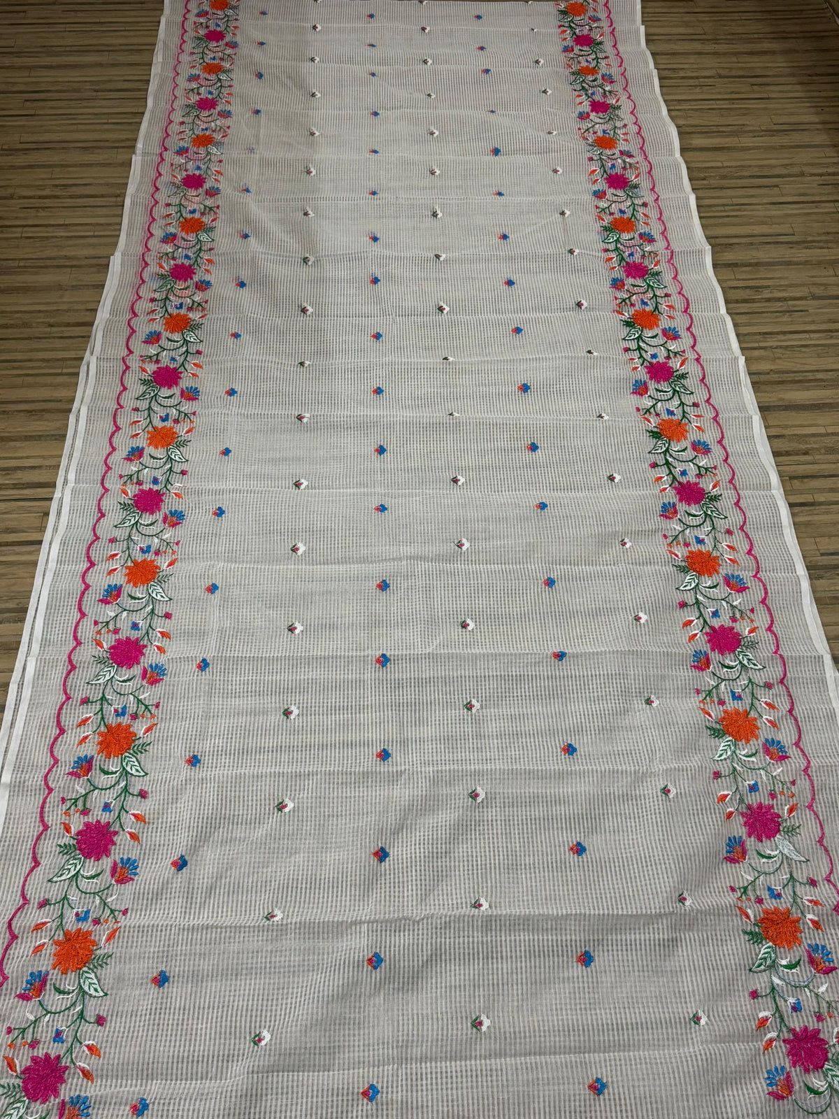 White reshom kota embroidery saree from Bengal
