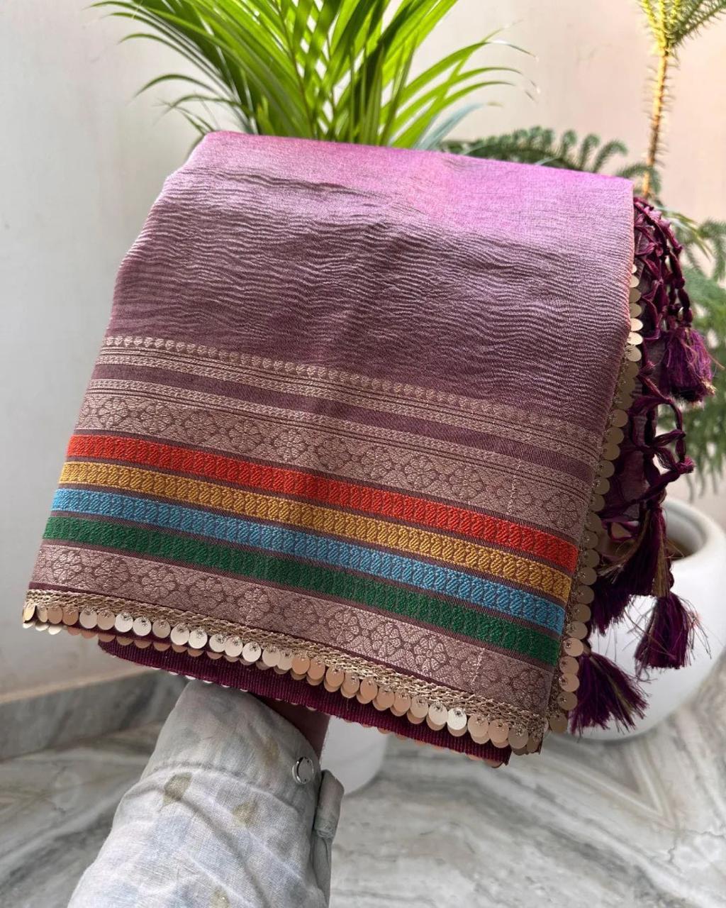 Banarasi crushed tissue multicoloured border - Purple