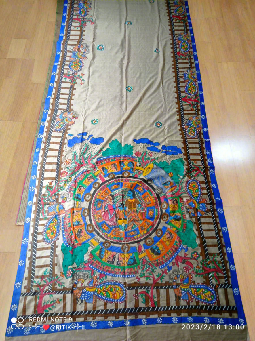 Madhubani hand painting on desi tussar silk saree silk mark certified village life art on saree - Tussar saree