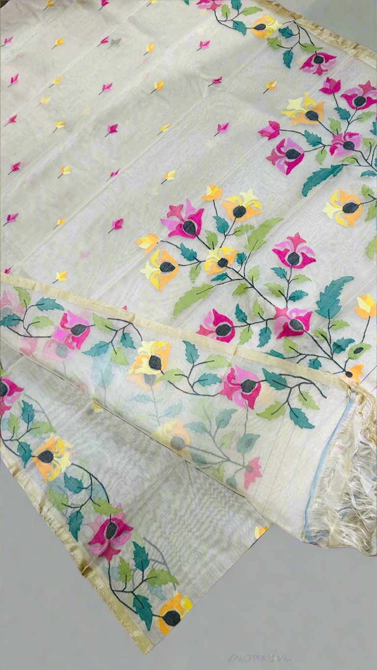 Muslin tantuj hand weaving jamdani saree white