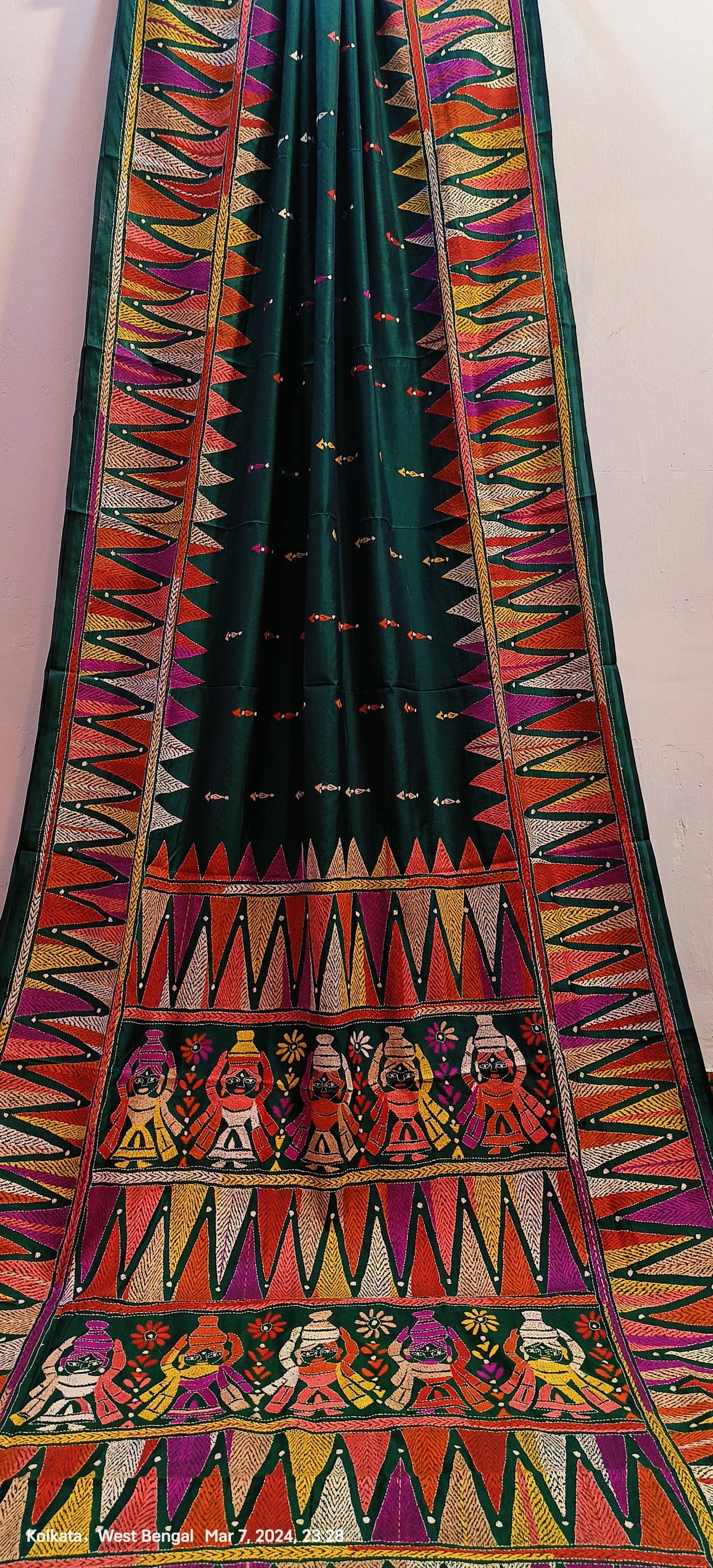 Bottle green kantha stitch on blended Bangalore silk