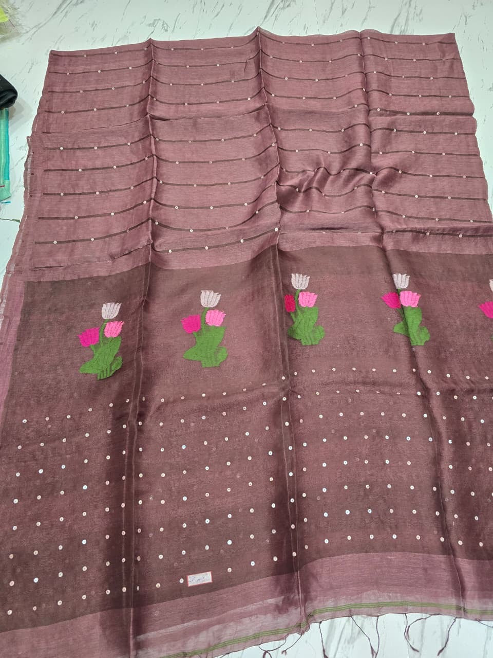 Trending silk linen jamdani saree with sequins work on pallu