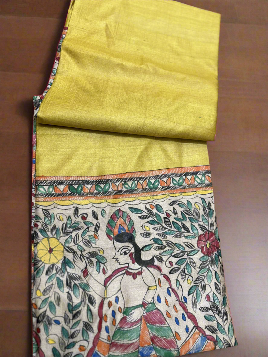 Madhubani Hand Painted Desi Tussar Saree with Ramayana Depicted pallu