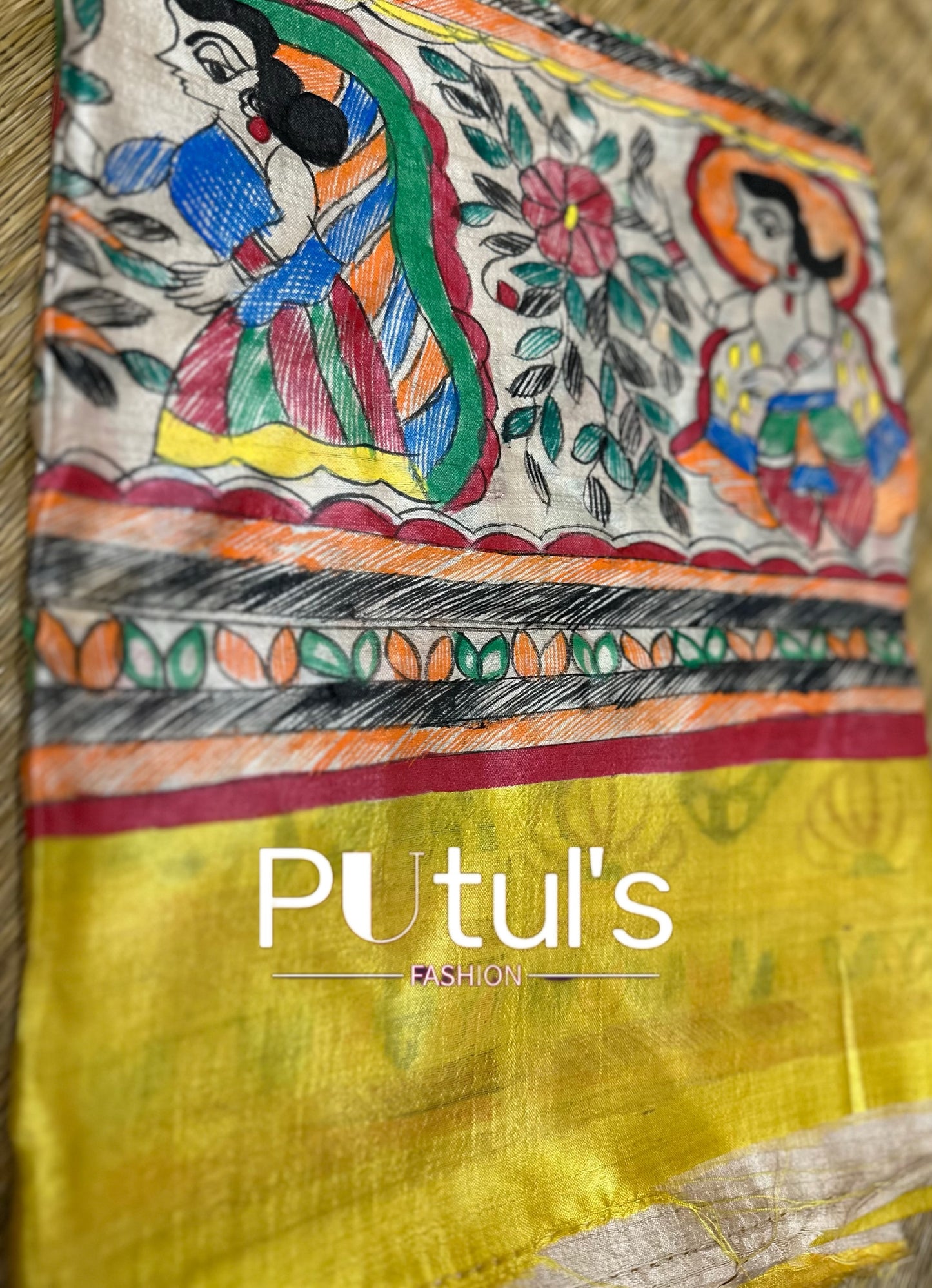 Madhubani Hand Painted Desi Tussar Saree with Ramayana Depicted pallu