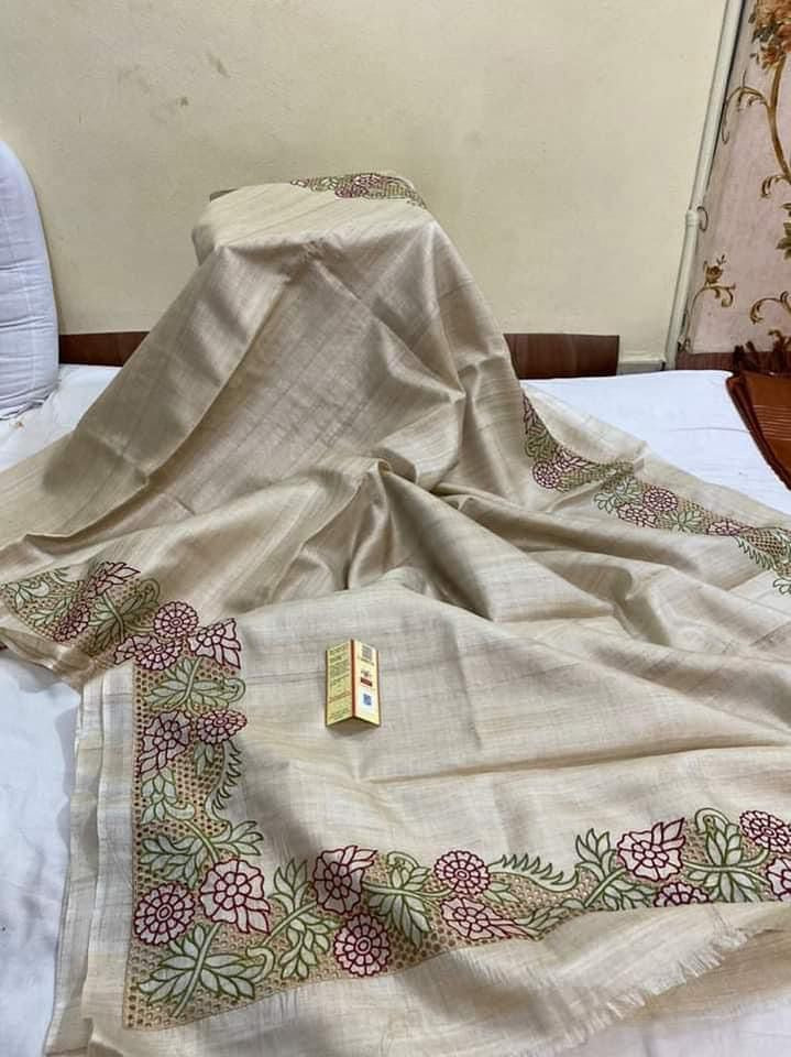 Cutwork on desi tussar silk saree with silk mark certified, brinjal violet saree