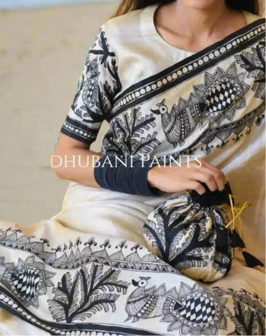 Madhubani hand painting on desi tussar saree