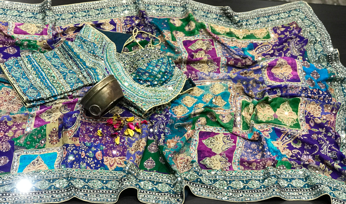 Trending viral Chinnon saree , Ajrakh with mirror work and antique stones with stitched blouse