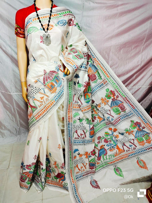 White coloured kantha stitch saree