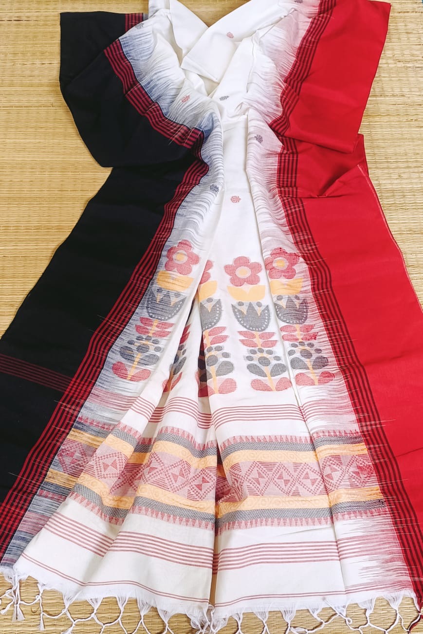 Handloom Bengal Cotton Jamdani Saree, ganga yamuna border
