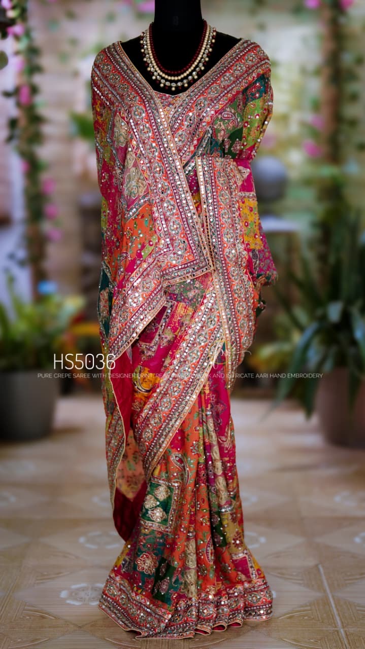 Celeb inspired chinnon silk saree , A Royal collection, stitched blouse