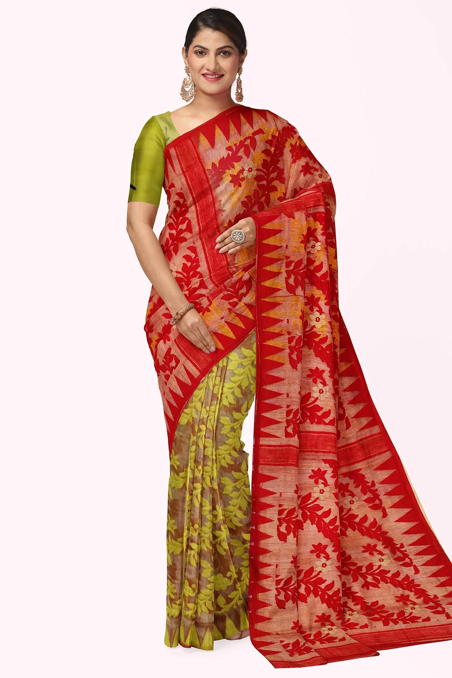 Bengal Dhakai jamdani saree (yellow red) My Store