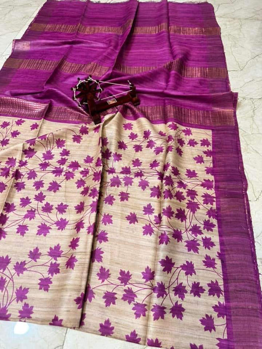 Zari border Tussar silk Gicha printed saree leaf purple