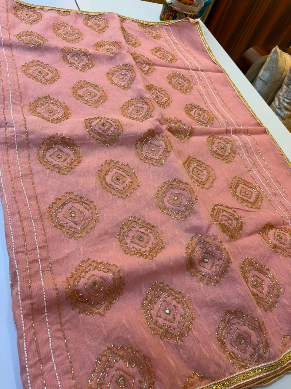 Kardana worked dhakai jamdani trending peach colour