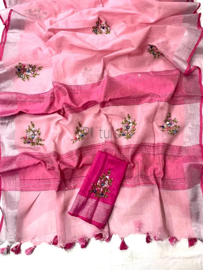 French knot soft linen saree of Bengal Putul's Fashion