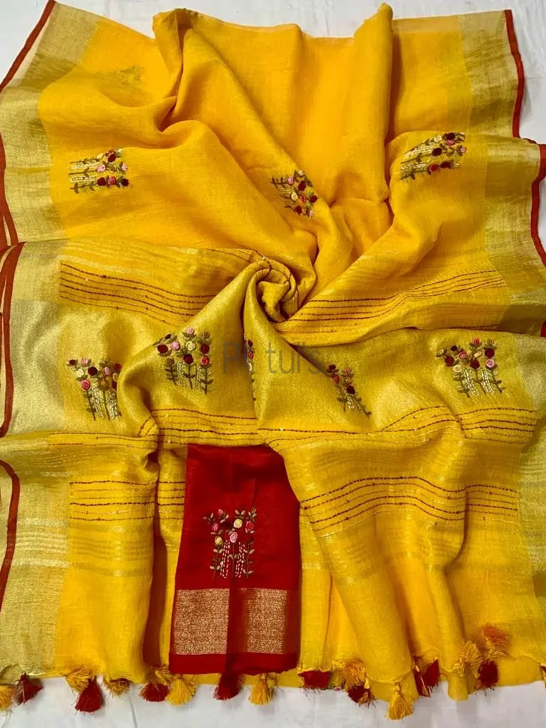 French knot soft linen saree of Bengal Putul's Fashion