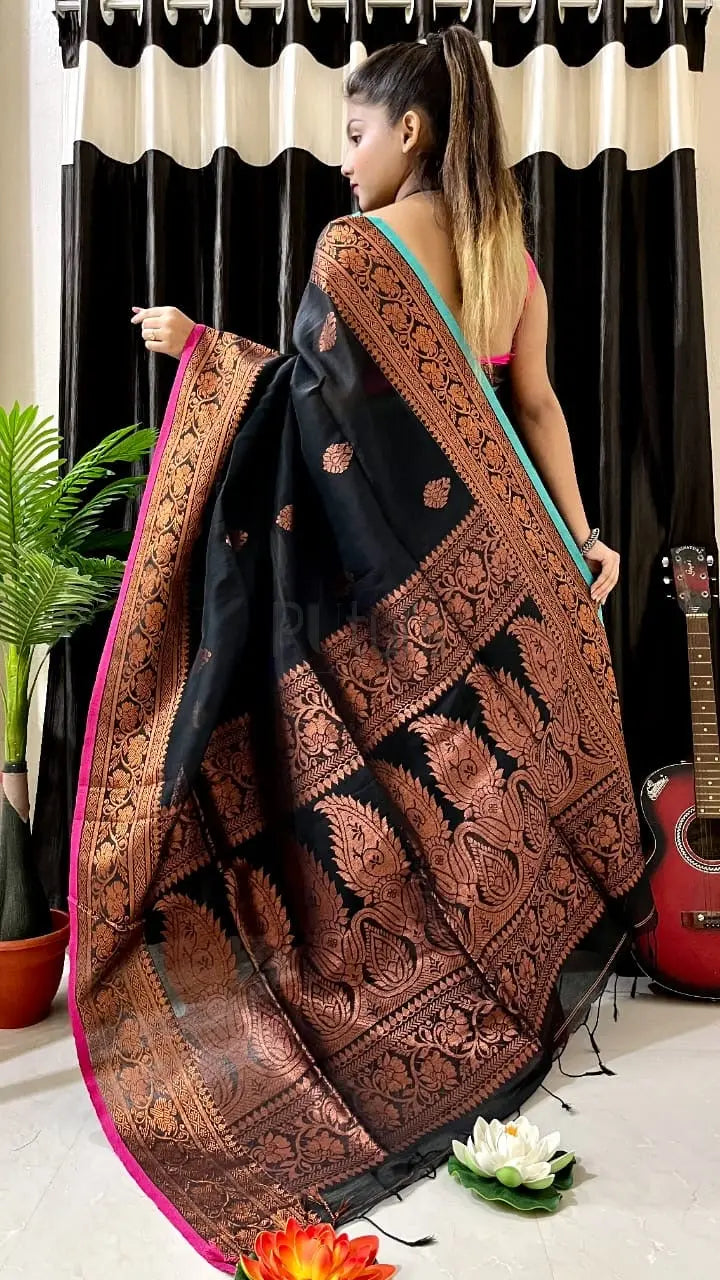 Ganga yamuna mercerized cotton saree of black colour Putul's Fashion
