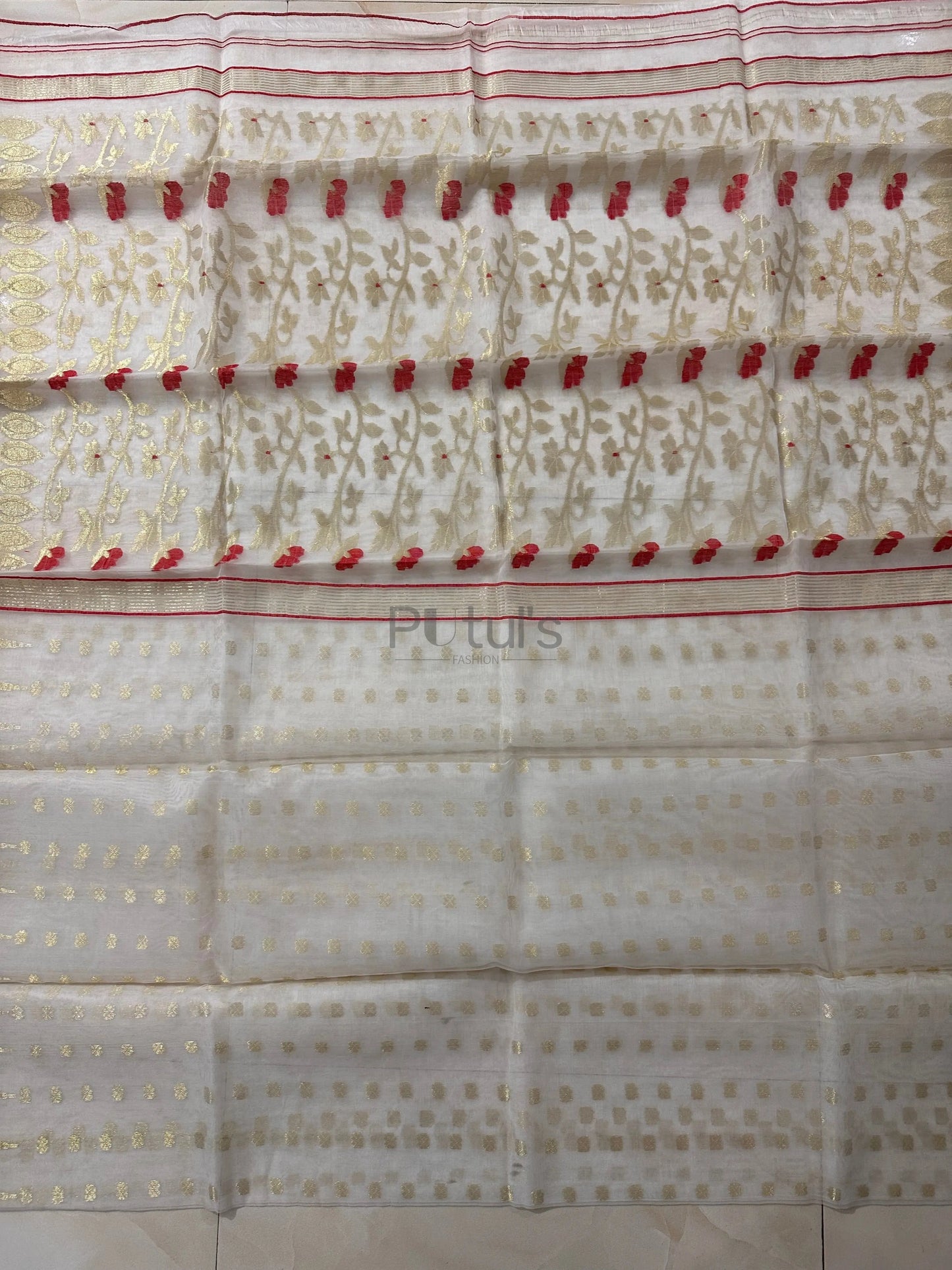 Handwoven pure white coloured Muslin saree with red minakari Putul's Fashion