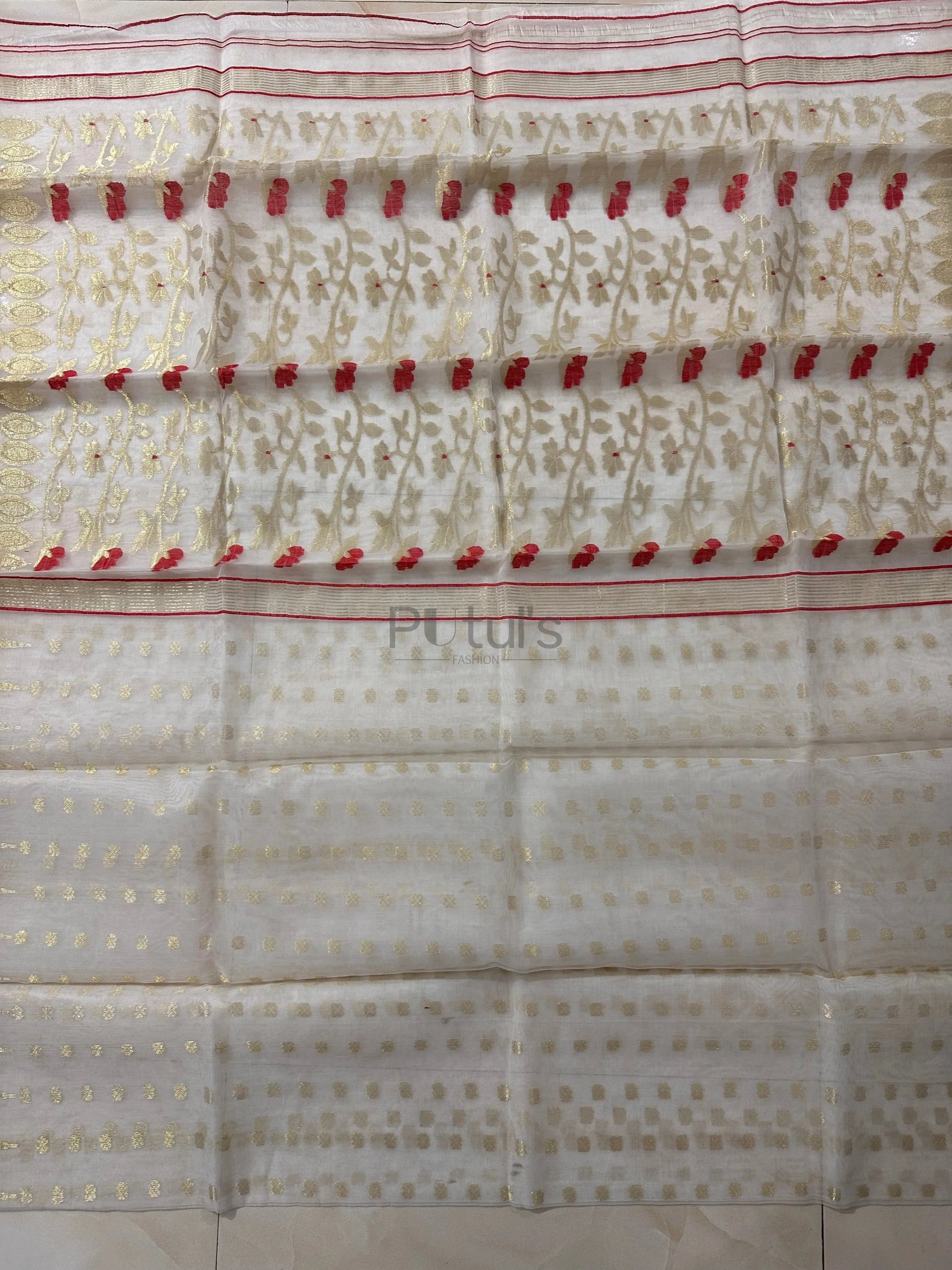 Handwoven pure white coloured Muslin saree with red minakari Putul's Fashion