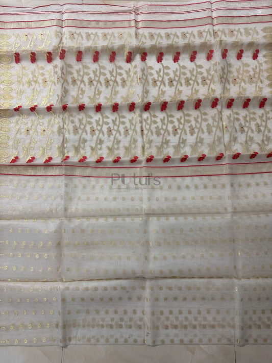 Handwoven pure white coloured Muslin saree with red minakari Putul's Fashion