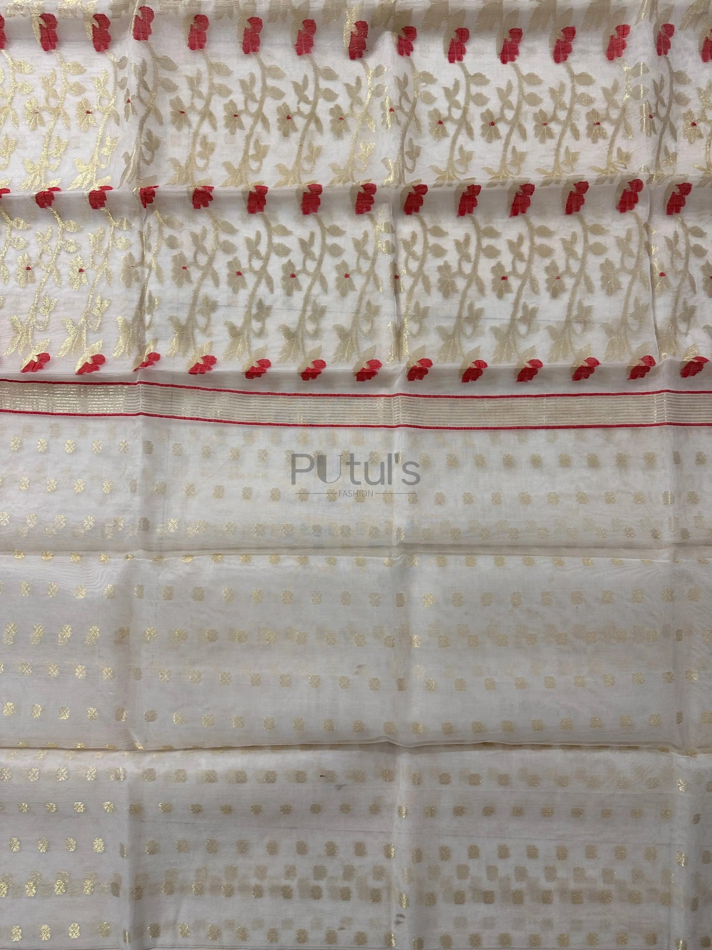 Handwoven pure white coloured Muslin saree with red minakari Putul's Fashion