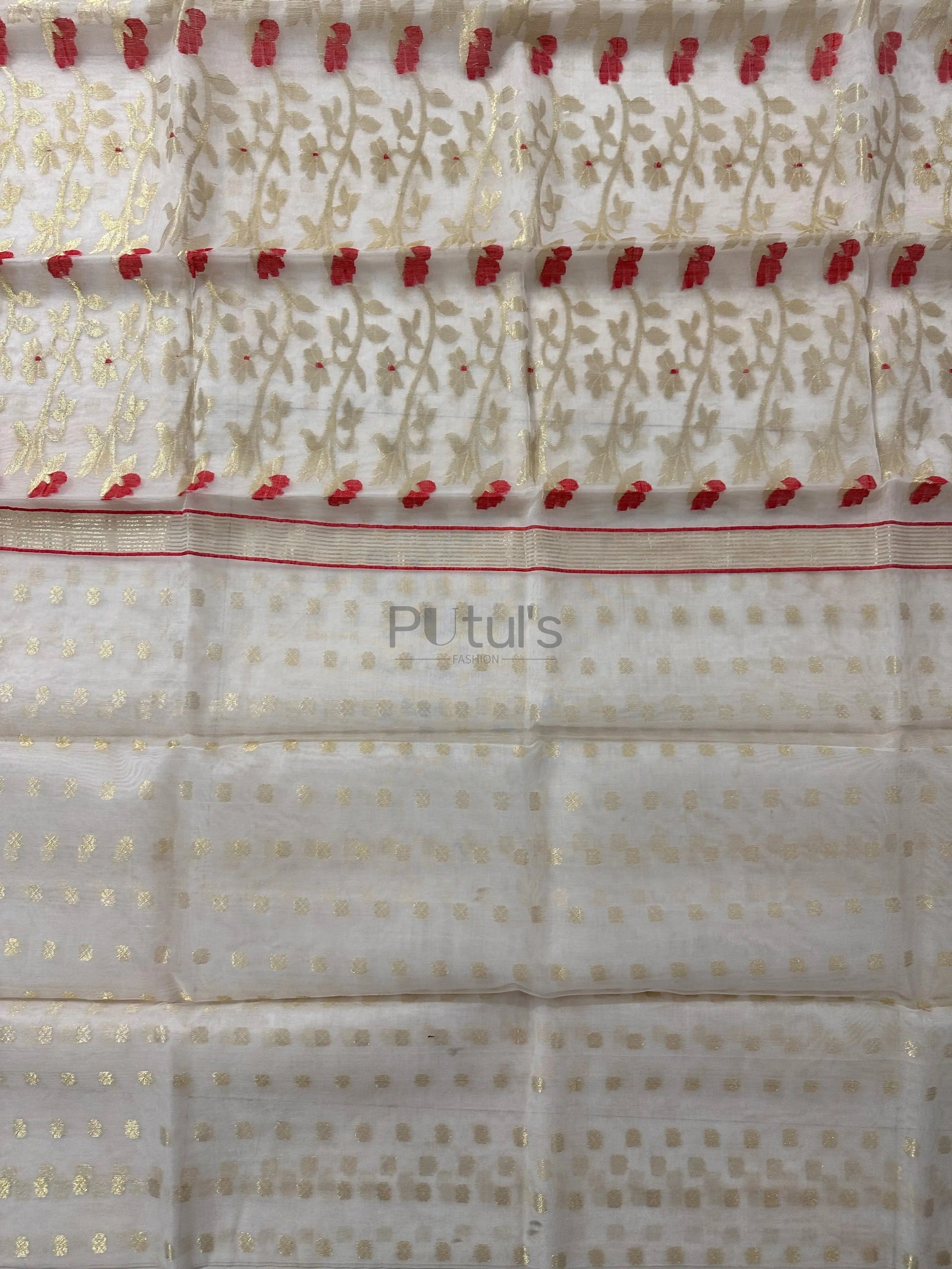 Handwoven pure white coloured Muslin saree with red minakari Putul's Fashion