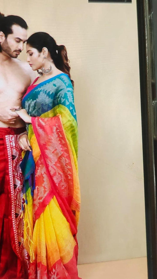 Ganga yamuna Linen Ikkat Jamdani Saree