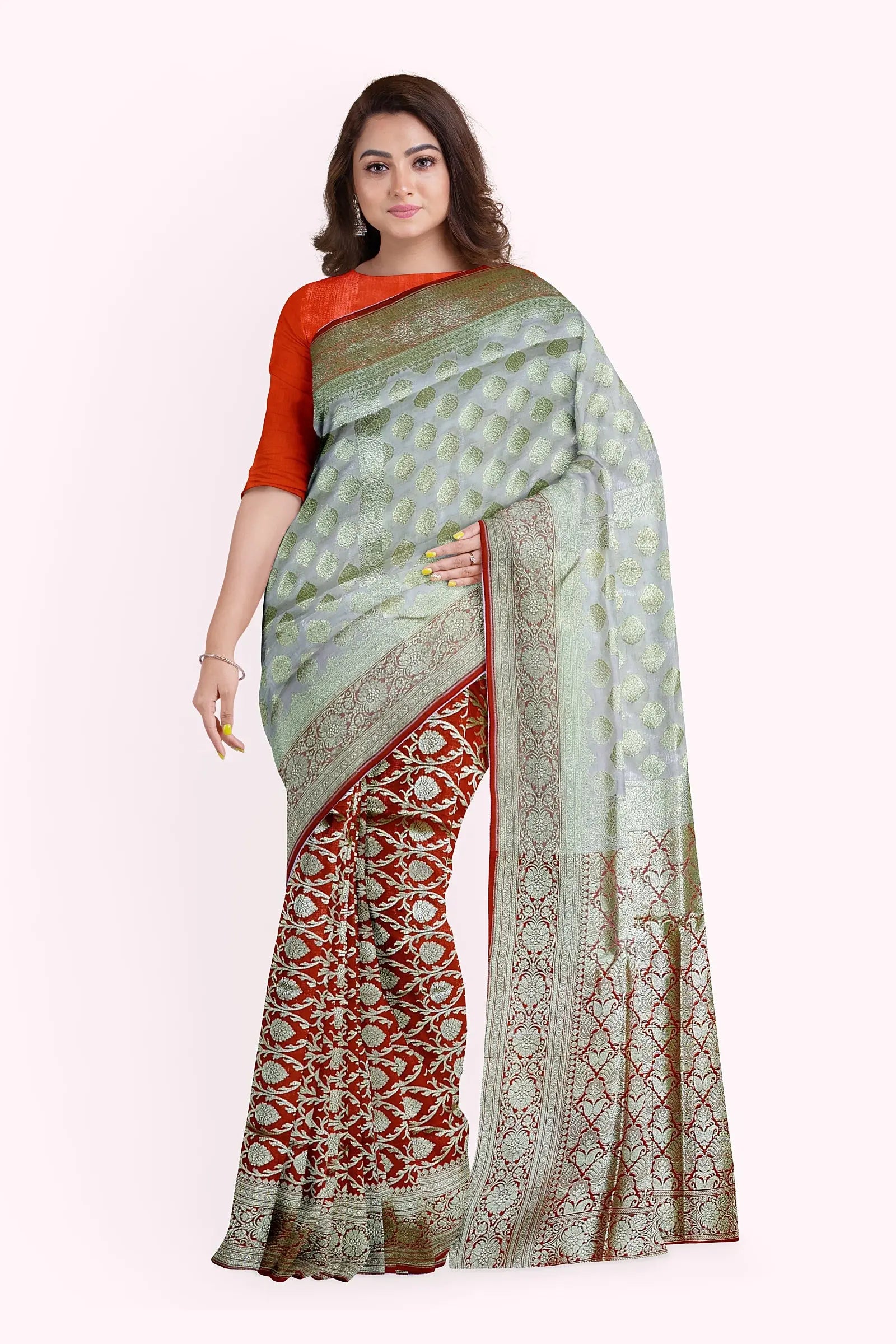 Katan Banarasi silk saree white orange Putul's fashion