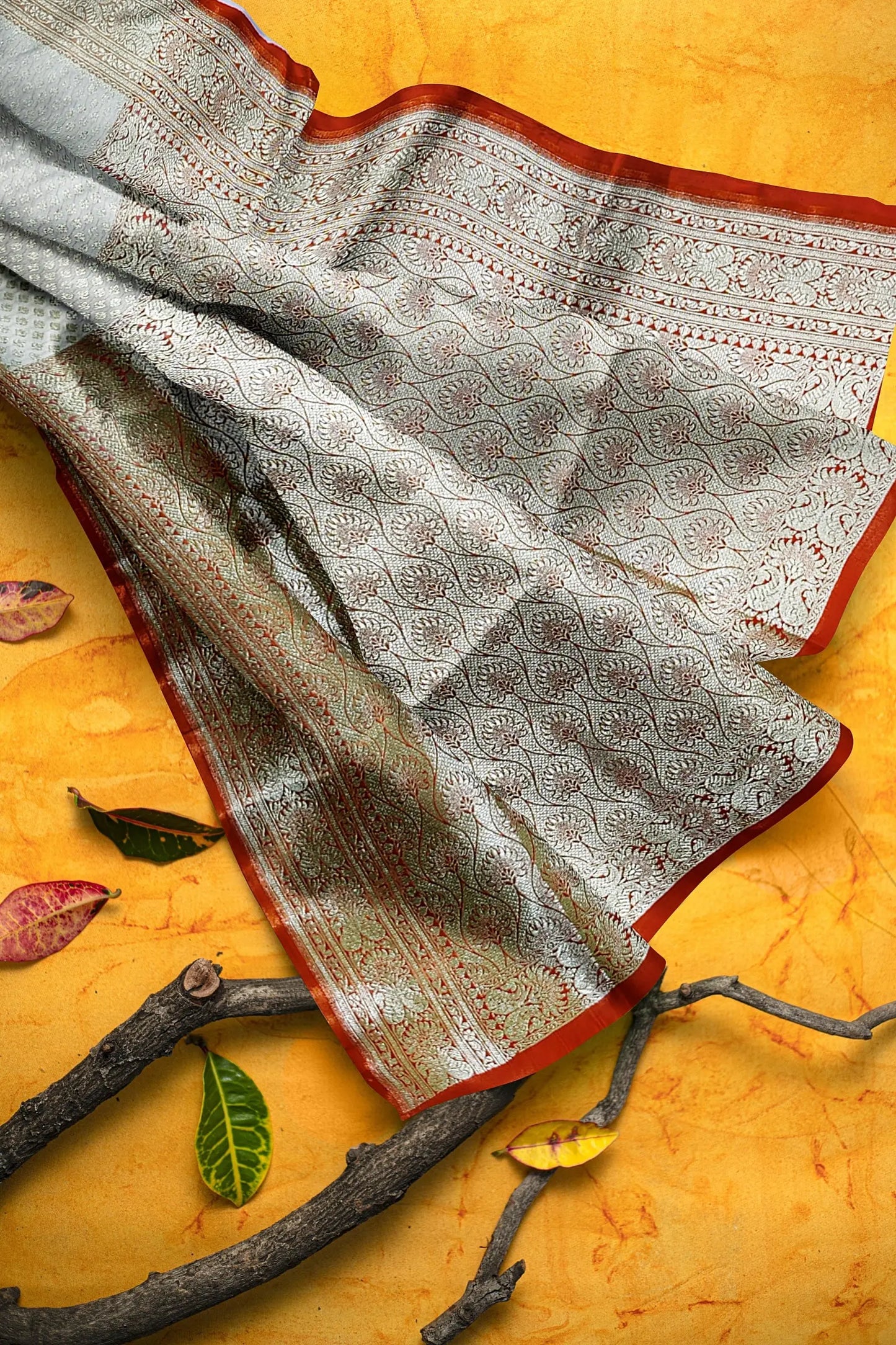 Katan Banarasi silk saree white orange Putul's fashion