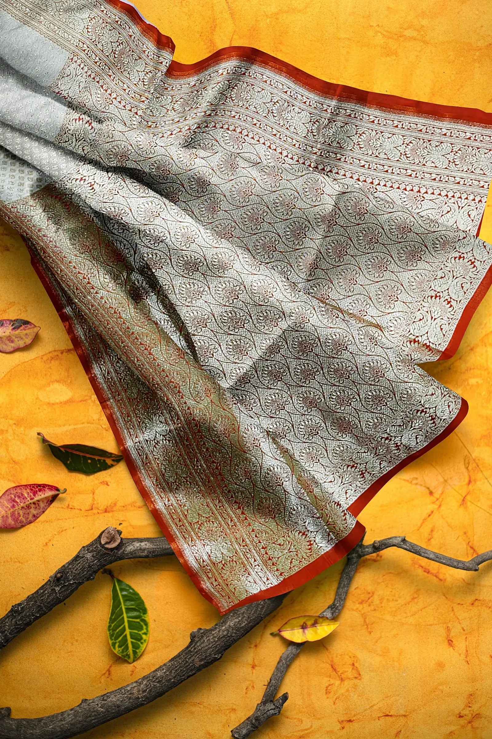 Katan Banarasi silk saree white orange Putul's fashion