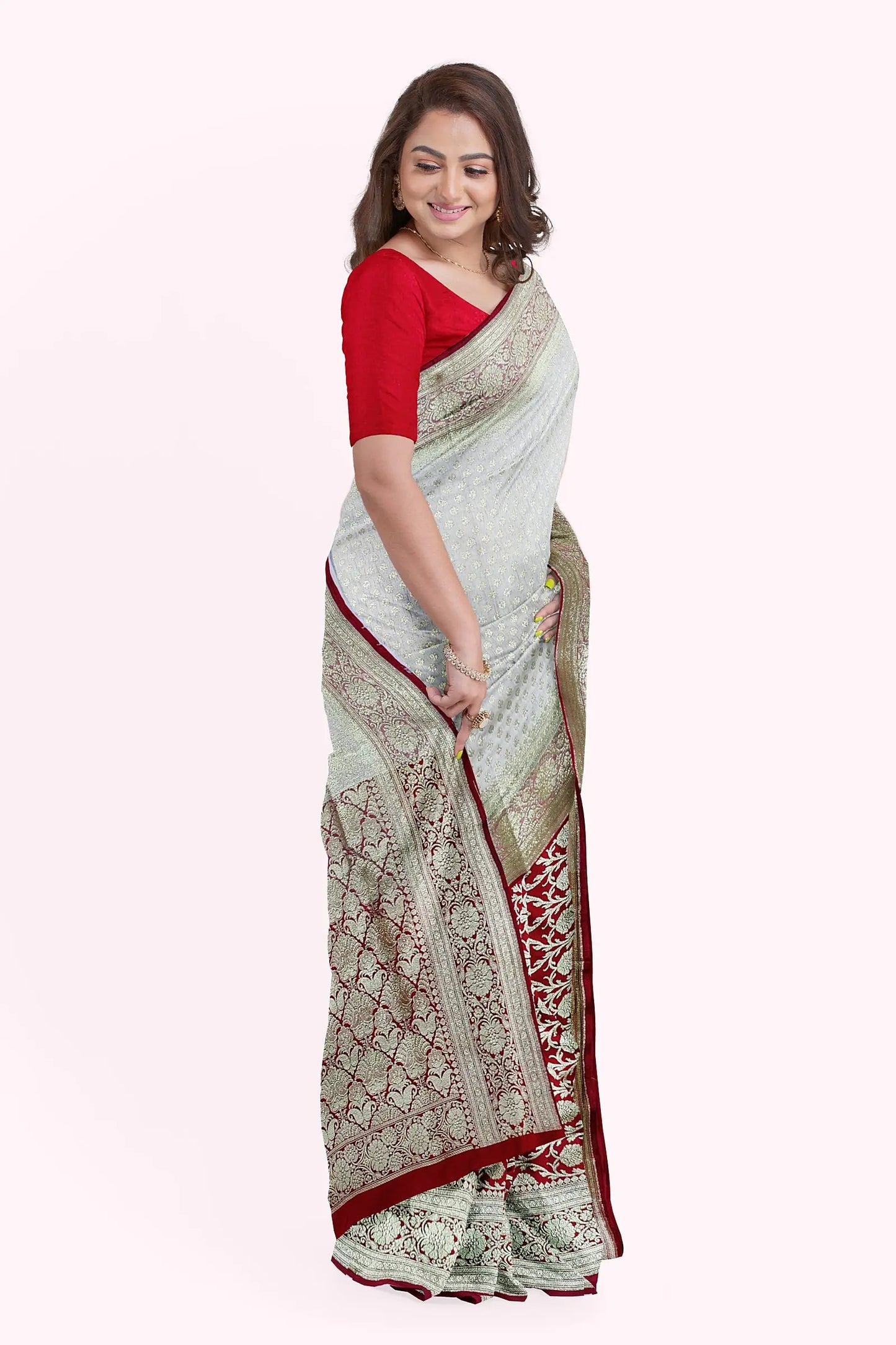 Katan benarasi silk saree white red Putul's fashion