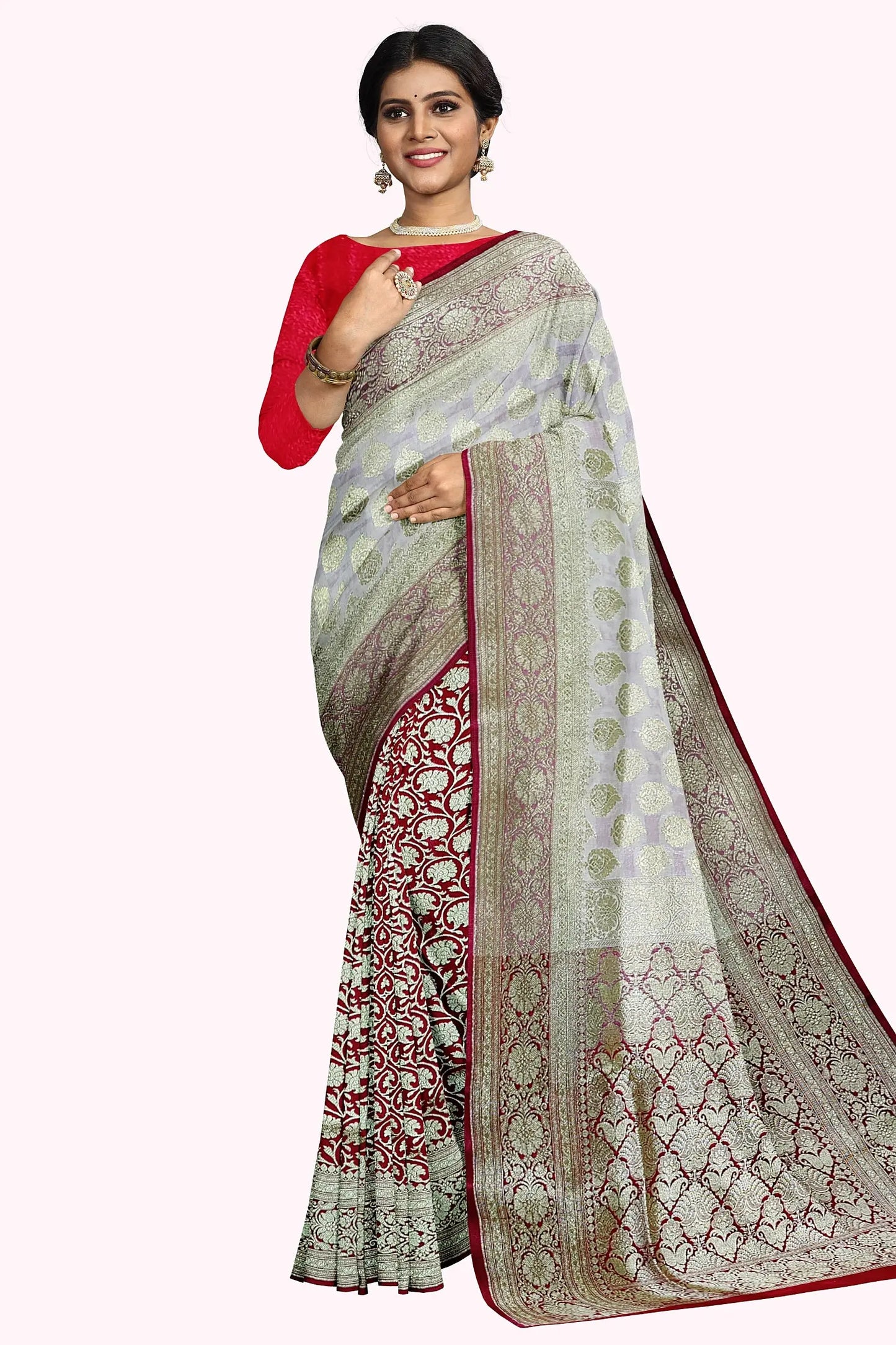 Katan benarasi silk saree white red Putul's fashion
