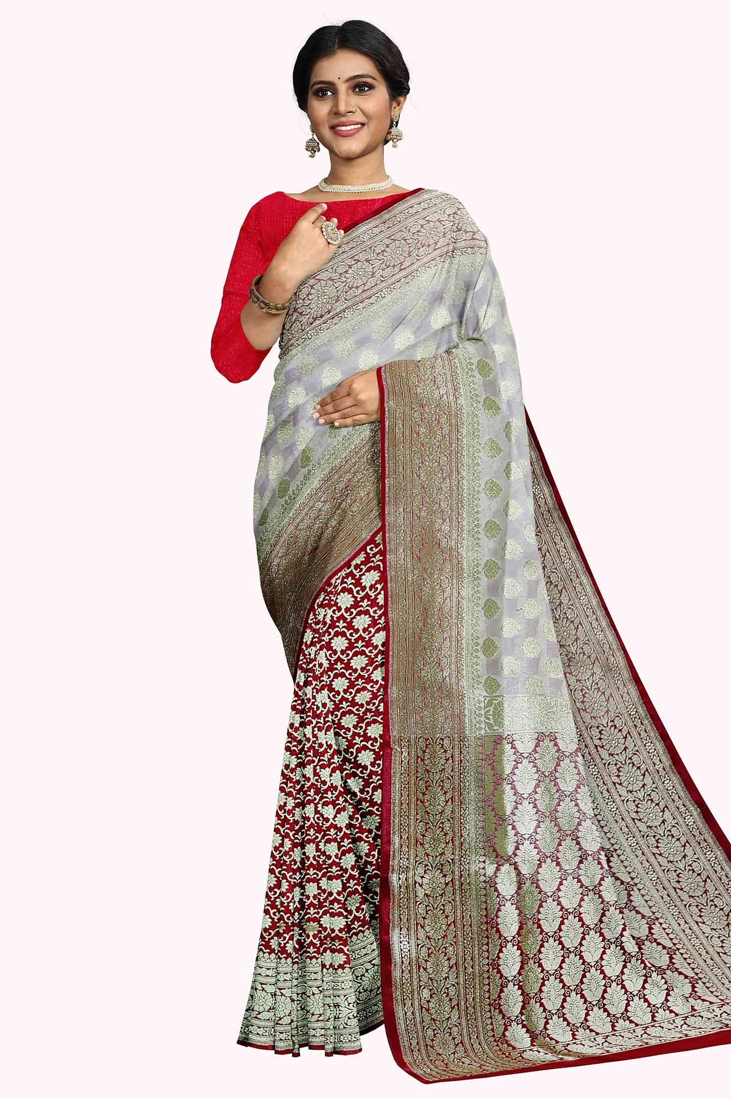 Katan benarasi silk saree white red Putul's fashion