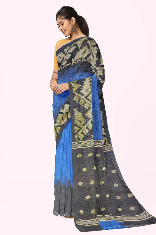 Linen Jamdani saree blue My Store