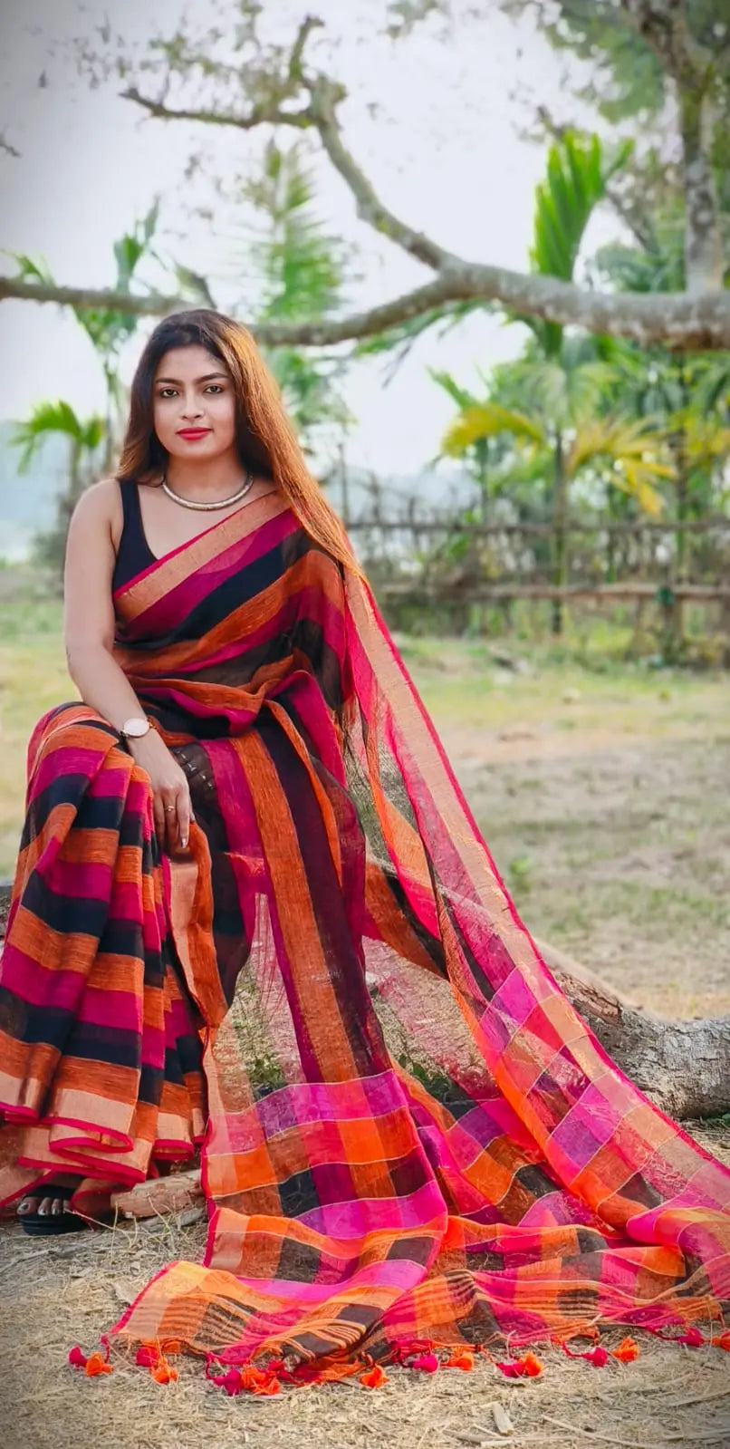 Linen check motif saree Putul's fashion